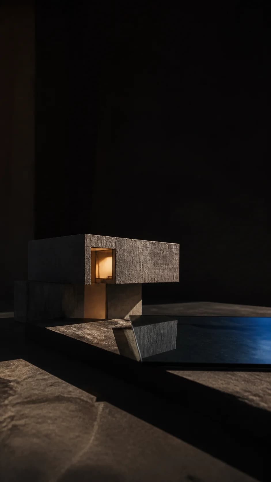 Concept architectural still life of a brutalist house model with a lit window